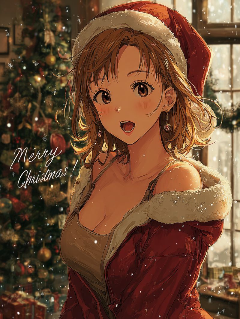 Anime girl christmas snow decoration gifts smiling earrings festive winter surprised cheerful holiday santa hat red coat tree fur collar merry open An anime-style illustration of a woman dressed in a festive outfit. She wears a red Santa hat with white fur trim and a red Santa suit with white fur lining. Her hair is wavy and falls to her shoulders. She has a surprised expression on her face, with her mouth slightly open. She is standing in front of a Christmas tree adorned with ornaments and lights. The background is slightly blurry, with a window and a snowy effect. The words 