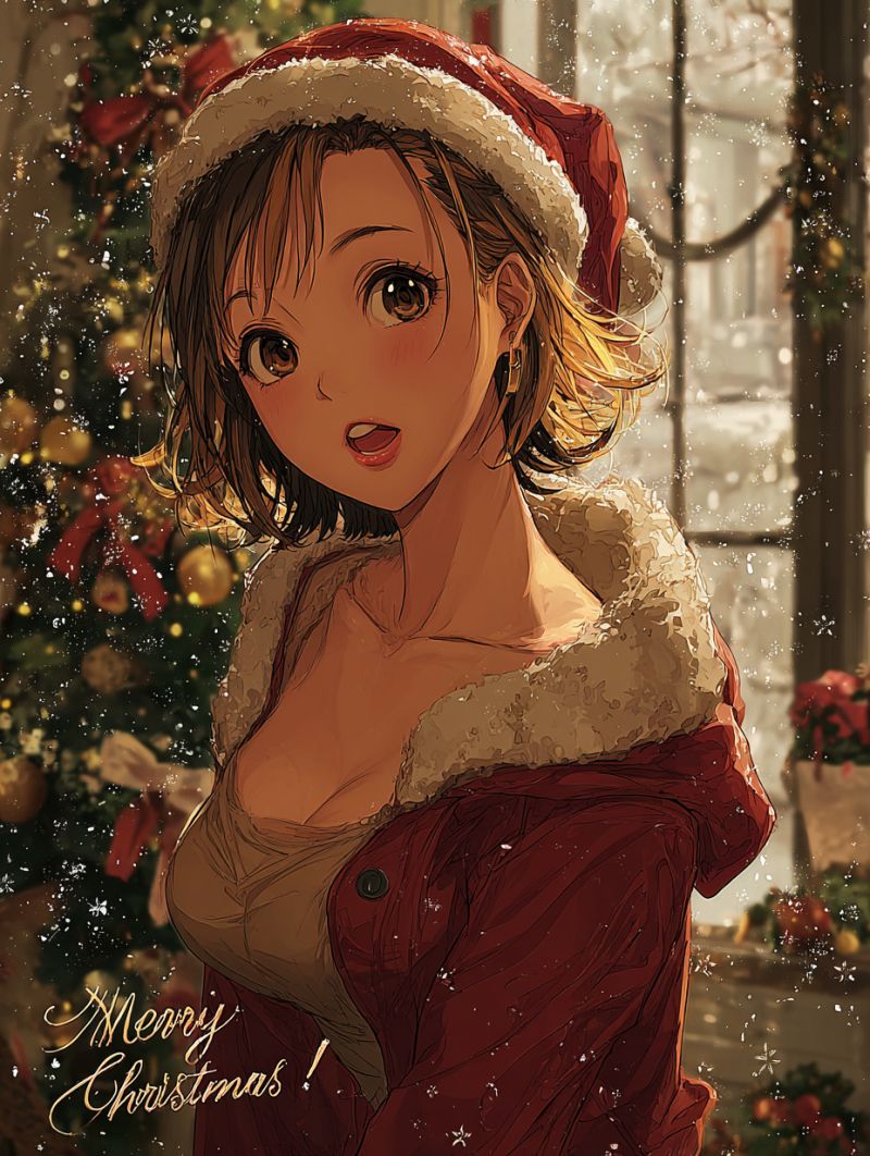 Anime fille noel manteau neige decoration arbre rouge fourrure souriant surpris fantaisie hiver fete festif pere bonnet joyeux Une illustration de style anime d'une femme vêtue de vêtements d'hiver festifs. Elle porte un bonnet de Père Noël rouge avec une bordure en fourrure blanche et une veste doublée de fourrure rouge. Ses cheveux sont coiffés en vagues lâches, et elle a une expression surprise. Elle se tient devant un sapin de Noël décoré avec des rubans rouges et des ornements. L'arrière-plan est légèrement flou, avec des flocons de neige qui tombent et une atmosphère festive. Le texte 