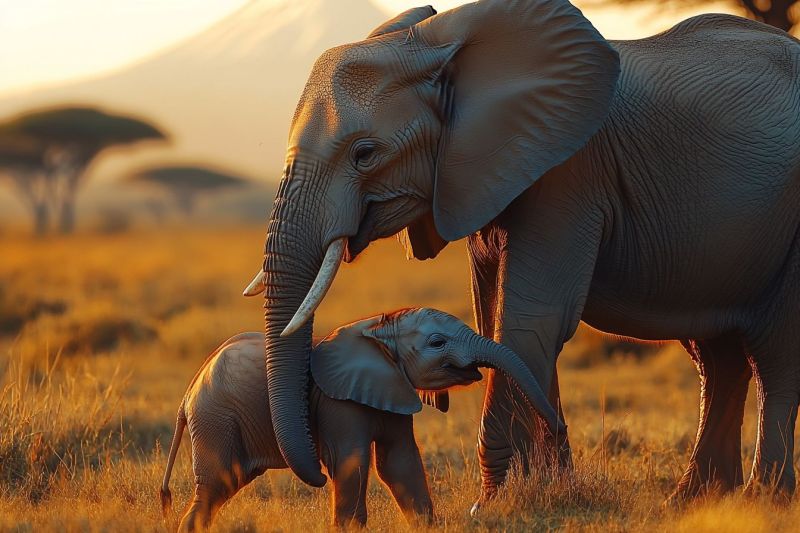 Elephant family wildlife conservation african savanna mother baby safari nature unit wild mammal behavior sunset serene nighttime scene on the beach. A full moon is visible in the sky, casting a bright light over the landscape. Below the moon, the sky is filled with stars and the Milky Way galaxy, creating a dreamy atmosphere. The beach is adorned with small, sparkling lights that resemble constellations or fairy lights, giving off a magical vibe. The waves of the ocean are gently lapping against the shore. In the foreground, there's a tranquil skyline where the moon and stars shine brightly. The photo appears to be digitally altered, possibly for artistic purposes, as evidenced by the smooth and vibrant colors of the scene, which might not occur naturally in one setting.