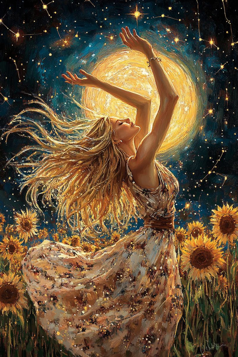 Femme tournesols nuit etoiles lune robe mains ciel fleurs beaute fantaisie reve magie inspiration Au centre de l'image, une femme aux longs cheveux blonds ondulés se tient dans un champ de tournesols. Elle porte une robe fluide qui scintille de teintes or et brun. Ses bras sont levés vers le ciel et son visage est tourné vers le haut, contemplant un grand soleil lumineux représenté dans le ciel. Le soleil est entouré d'une constellation d'étoiles, et le ciel est d'un bleu profond avec des étoiles éparpillées. Les tournesols du champ sont d'un jaune vif avec des centres bruns, et ils sont grands et luxuriants, créant un arrière-plan pour la femme. La scène générale est baignée d'une lumière chaude et dorée, donnant à l'image une qualité magique et éthérée.