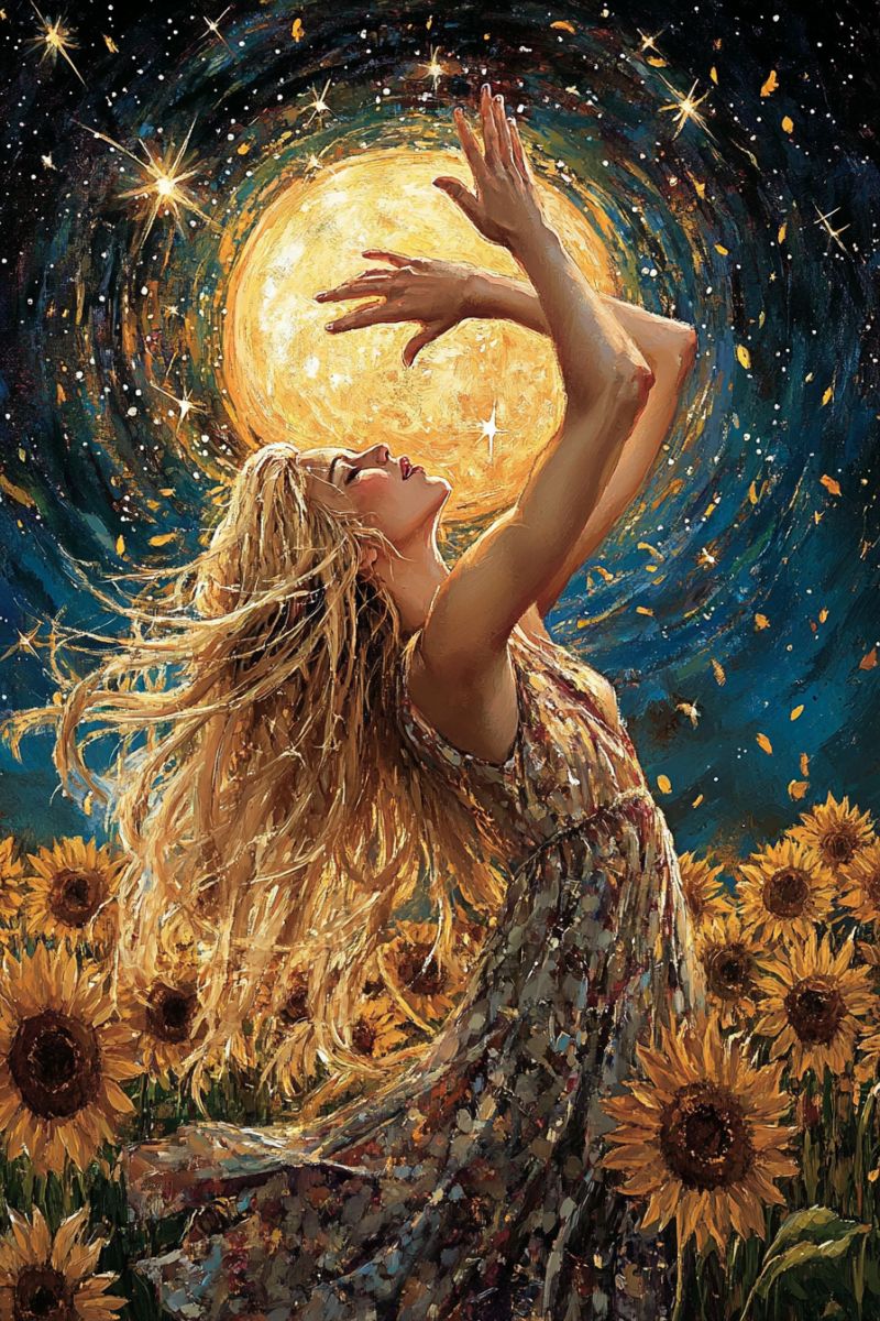 Femme tournesols nuit etoiles lune fleurs ciel fantaisie beaute reves Au centre du tableau, une femme aux longs cheveux blonds ondulés se tient dans un champ de tournesols. Elle est vêtue d'une robe fleurie et ses bras sont levés vers le ciel. Le ciel est d'un bleu profond, rempli d'étoiles et d'une grande pleine lune lumineuse. La lune est entourée d'un motif tourbillonnant d'étoiles et de petites feuilles dorées. Les tournesols au premier plan sont d'un jaune vif avec des centres brun foncé, et ils sont entourés de feuilles vertes. Les cheveux et la robe de la femme sont peints avec des couleurs vives, créant un sentiment de mouvement et d'énergie.