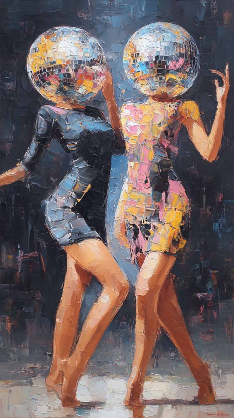 Femme nuit vie nocturne fete boite discotheque bal La peinture représente deux femmes dansant dans un cadre de discothèque. Les deux femmes portent des robes aux motifs multicolores et vibrants. La femme de gauche est vêtue d'une robe bleue avec un mélange de teintes roses, jaunes et vertes. La femme de droite porte une robe avec une combinaison de couleurs roses, jaunes et bleues. Leurs robes ont une qualité brillante et réfléchissante, suggérant qu'elles sont faites d'un matériau qui capte et réfléchit la lumière. Les deux femmes ont les bras levés et les jambes pliées, indiquant qu'elles sont en mouvement. Leurs têtes sont remplacées par de grandes boules de disco colorées qui tournent et réfléchissent la lumière dans diverses directions. Le fond est sombre et quelque peu flou, suggérant une scène nocturne avec des lumières et possiblement une piste de danse.