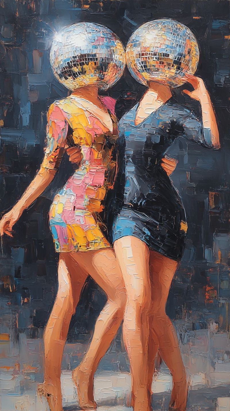Painting women night fashion dance nightlife party disco ball out Two women are standing close together, each holding a large disco ball on their heads. The woman on the left wears a colorful, short-sleeved dress with a mix of pink, yellow, and blue colors. The woman on the right wears a dark blue dress with a short skirt. Both women have their hands on their hips, and their legs are slightly apart, suggesting they are posing for a photograph. The background is dark and somewhat blurry, indicating they are likely in a nightclub or a similar setting.