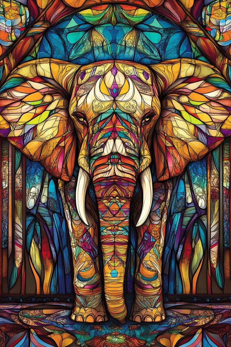 Elephant tained glass colorful multicolored decorative religious iconography stained glassss window actual elephant, but rather an artistic rendering with a stained glass aesthetic. The elephant stands on a circular platform within what appears to be a decorative ornate framework, possibly suggesting a sanctuary or temple setting. The elephant itself is adorned with a variety of colorful patterns and designs that cover its body from head to toe, creating a sense of movement and energy. The elephant's trunk is visible and also has the same type of embellishments as seen on its body. It has large, flapping ears which are typical characteristics of an elephant. In the background, there's a structure that resembles stained glass windows with various colors like blues, greens, reds, yellows, and more. The overall style of the artwork is reminiscent of colorful religious paintings, particularly those found in cathedrals or churches, given the intricate detailing and the vibrant use of color. The art style, coupled with the subject matter, suggests that this image may be meant to evoke themes of spirituality, nature, and artistic expression.