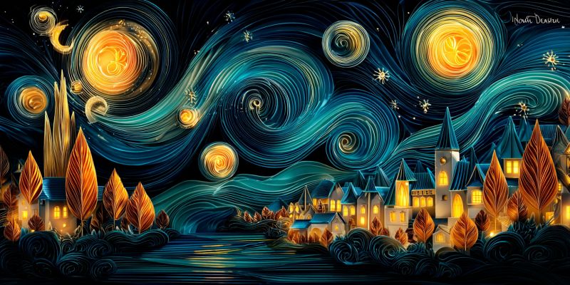 Nuit ciel etoiles ville village eau batiment maison lampe lune reflet riviere route soleil coucher arbres camionnette van gogh Scène de nuit vibrante et texturée avec un village niché sous un ciel tourbillonnant étoilé. Le ciel est d'un bleu profond, orné de motifs tourbillonnants qui imitent le mouvement des étoiles et de la lune. Deux grands soleils lumineux sont positionnés de chaque côté du ciel, irradiant une lumière chaude et dorée. Le village en dessous est composé de maisons pittoresques et illuminées avec des toits en pente et des fenêtres lumineuses, sur fond de arbres d'automne aux feuilles teintées d'orange et de jaune. Les arbres sont clairsemés, laissant entrevoir l'eau sombre et réfléchissante d'une rivière qui serpente à travers le village. L'effet global est celui d'une atmosphère magique, presque onirique, avec les détails complexes de l'oeuvre lui donnant une apparence tridimensionnelle et texturée