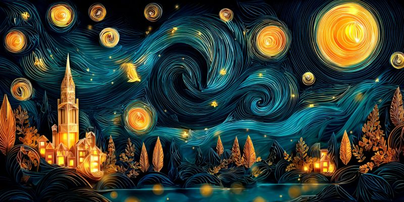 Nuit ciel etoiles lune arbres maison batiment village eau reflet lueur fantaisie Scène nocturne avec un village niché dans une vallée. Le ciel est rempli de motifs tourbillonnants aux couleurs bleues et jaunes vibrantes, rappelant 