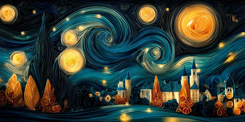 Painting night sky stars impressionism post expressionism texture brushstrokes swirls trees buildings village reflection water van gogh starry vibrant, textured scene reminiscent of Van Gogh's 