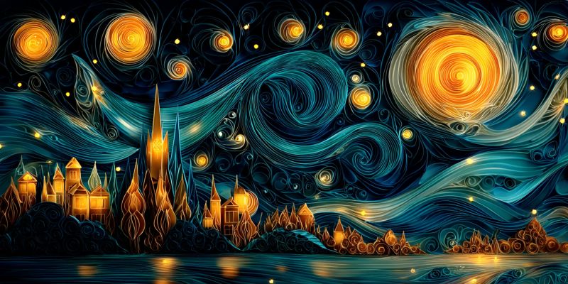 Urbain nuit ciel etoiles ville eau architecture batiment chateau fantaisie lueur imagination van gogh Un ciel de nuit vibrant et texturé rempli de motifs tourbillonnants de bleu et de jaune. Le ciel est orné de nombreuses étoiles et d'une grande lune jaune lumineuse au centre, entourée de cercles concentriques. Sous le ciel, une petite ville est nichée entre les collines, avec des bâtiments et des tours illuminés par des lumières chaudes et dorées. La ville se reflète dans les eaux calmes d'une rivière ou d'un lac, créant une scène sereine et pittoresque. L'effet global rappelle une nuit étoilée, avec une touche de fantaisie et de fantaisie.