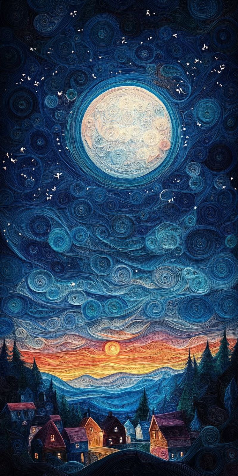 Ciel nocturne illustre lunaire nuages vol coloree presentant cabane stylisee main nuit etoilee village coucher soleil Cette image est une pièce d'art de mur captivante, rappelant un tissu brodé à la main. La scène représentent un ciel nocturne calme avec la lune évidente dans le coin supérieur gauche. Les couleurs bleues et blanches dominent le fond céleste, créant un atmosphère et une ambiance apaisante. Au centre de la composition, un petit village ou une ville peut être vu, entouré par les silhouettes des arbres et des bâtiments. Le paysage est peint avec des tons chauds de jaune, d'orange et de rose, suggérant soit le coucher du soleil, soit le lever du soleil. Quelques nuages sont également présents dans le ciel, renforçant la représentation naturelle. L'image a été soigneusement conçue pour ressembler à une peinture, avec des traitées de brosse texturées qui donnent au travail d'art du profond et de la texture. Cette tapisserie serait une belle addition à tout espace, évoquant les sentiments de paix et de beauté de la nature.