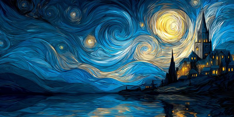 Painting impressionism night stars moon village church reflection water trees hills architecture colorful nighttime starry sky van gogh The painting depicts a serene night scene with a large, luminous moon in the sky, surrounded by swirling clouds. The sky is a deep blue, transitioning to lighter shades near the horizon. The moon is bright and yellow, casting a warm glow over the landscape. Below the moon, there are several stars scattered across the sky, adding to the night's tranquility. In the foreground, there is a small village with several houses, one of which has its windows lit up, suggesting activity inside. The village is nestled between a calm body of water and a hill, with the water reflecting the moonlight and stars. The overall atmosphere is peaceful and magical, with the night sky and the village creating a harmonious scene.