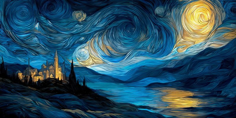 Nuit ciel chateau eau lune etoiles reflet colline arbres obscurite lueur eclat brille brillent Le ciel nocturne est rempli de bleus et de jaunes tourbillonnants et vibrants, rappelant une nuit étoilée. Une grande lune jaune radieuse domine le ciel, répandant une lueur chaude sur la scène. Sous la lune, le ciel se transforme en bleus plus sombres avec des motifs tourbillonnants qui ressemblent à une atmosphère onirique, presque magique. Au premier plan, il y a la silhouette d'un château perché sur une colline, ses fenêtres brillent doucement, suggérant qu'il est éclairé de l'intérieur. Le château est entouré d'arbres, et au loin, un corps d'eau serein reflète la lumière de la lune, créant un effet scintillant. La scène globale est tranquille et enchanteresse, évoquant un sentiment de merveille et de mystère.