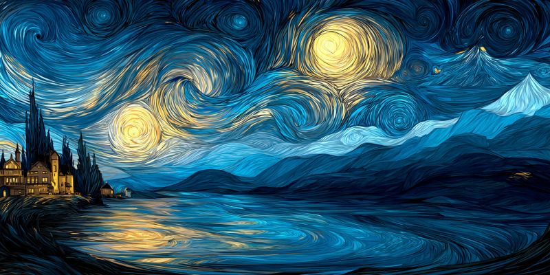 Nuit ciel etoiles lune eau montagnes maison arbres reflet impressionnisme post van gogh etoilee Le ciel nocturne est rempli de bleus et de jaunes tourbillonnants et vibrants, rappelant une nuit étoilée. Une grande lune jaune éclatante domine le ciel, entourée de nuages tourbillonnants qui semblent danser autour d'elle. Sous la lune, un corps d'eau serein reflète la scène céleste, avec de douces ondulations ajoutant un sentiment de mouvement. Sur le côté gauche, un petit village aux fenêtres illuminées est niché parmi les arbres, créant une lueur chaleureuse et confortable contre la fraîcheur de la nuit. En arrière-plan, des montagnes s'élèvent majestueusement, leurs sommets poudrés de neige, ajoutant à la quiétude et au caractère pittoresque du paysage.