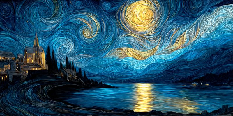 Night sky stars painting water reflection moon town hill trees mountains boat impressionism nighttime van gogh starry The painting depicts a serene night scene with a large, glowing full moon at the center, surrounded by swirling, golden and blue clouds. Below the moon, a tranquil lake reflects the moonlight, creating a shimmering effect. On the left side, a small town with illuminated windows is nestled among trees, with a prominent church steeple rising above the rooftops. In the background, mountains are faintly visible, adding depth to the landscape. The overall mood is peaceful and dreamy, with the night sky painted in deep blues and the moon casting a gentle light over the scene.