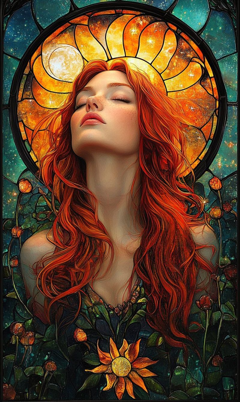 Feminin expression verre iconographie religieuse aesthetique gothique fleuri celeste cheveux rouges soleil symbolisme L'oeuvre d'art en verre coloré représente une figure féminine. La figure a des cheveux longs et ébouriffés de couleur rouge et est représentée avec une expression calme, légèrement tournée vers le haut. Elle semble regarder le spectateur. Sa peau est pâle et elle a un léger ruban rose sur les joues. Le fond met en scène un environnement naturel avec des sunflowers et des indices de plantes ou de fleurs autres, ce qui donne une tournure luxuriante. Une grande fenêtre en verre coloré, qui occupe une grande partie de l'image, fournit un cadre orné autour de la figure, renforçant la qualité artistique de la pièce. La fenêtre contient un motif qui contribue à l'esthétique globale de l'oeuvre d'art. Les couleurs utilisées dans l'oeuvre sont vives et variées, avec une préoccupation pour les rouges, les verts, les jaunes et les bleus. Il n'y a aucun texte visible au sein de l'image. Le style de l'art est richement détaillé, suggérant un niveau élevé de craftsmanship et d'attention à la couleur et à la lumière.
