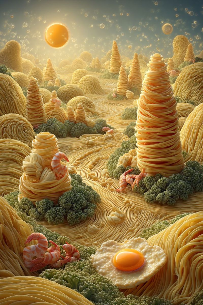 Bulles anime concept creatif decoration design oeuf nourriture imagination macro nouilles crevette Paysage surréaliste fait entièrement d'éléments alimentaires. Au premier plan, il y a un grand oeuf mi-frite avec un jaune qui semble sur le point d'éclater. Autour de l'oeuf se trouvent diverses formes de pâtes, y compris des spirales et des tubes, qui forment le sol et les collines. Il y a aussi des grappes de brocoli et des crevettes dispersées dans la scène. En arrière-plan, il y a plus de collines de pâtes et des arbres faits de pâtes, avec un soleil jaune vif dans le ciel, entouré de bulles flottantes. Le ciel est d'un bleu doux, et toute la scène a une qualité fantaisiste et onirique