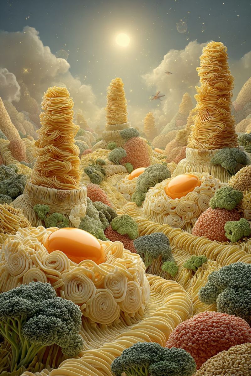 Nourriture imagination fantaisie nature legumes oeufs pates nuages soleil ciel montagnes arbres texture composition Paysage surréaliste rempli de divers aliments. Au premier plan, il y a de grandes structures de pâtes en forme de spirale ressemblant à des arbres, certaines surmontées d'oeufs jaunes vifs. Autour de ces arbres de pâtes se trouvent des grappes de brocolis et d'autres légumes, tous rendus dans des couleurs vives. Le ciel au-dessus est d'un bleu doux avec un soleil lumineux et des nuages éparpillés, créant une atmosphère fantaisiste et onirique. La scène est remplie d'une variété d'aliments, y compris des pâtes, des oeufs et des légumes, tous disposés de manière fantastique et imaginative