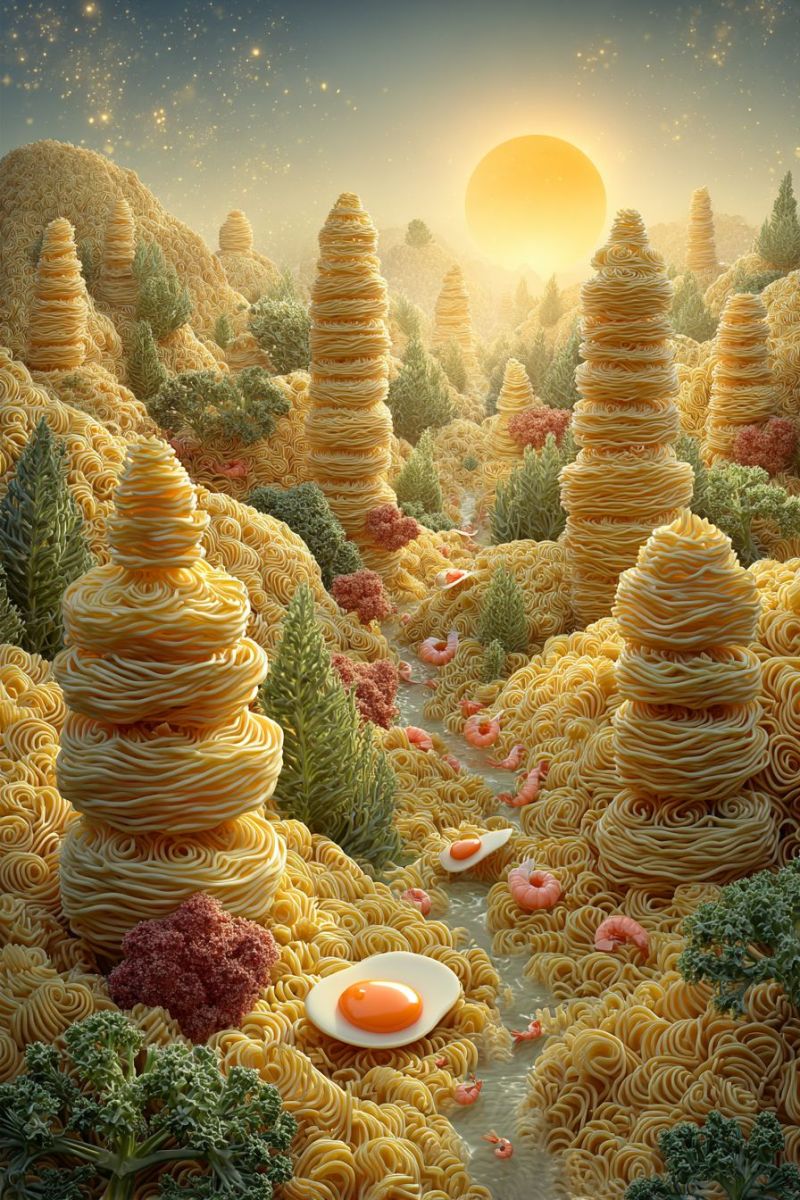 Mountains trees sun sky egg pasta seafood food imaginative fantasy colorful surreal weird unusual surreal landscape filled with various food items. In the foreground, there are large, spiral-shaped pasta trees, some of which have eggs perched on top. The pasta trees are surrounded by a variety of vegetables, including broccoli and green leaves. The ground is covered in a mix of pasta and vegetables, creating a vibrant and colorful scene. In the background, there are hills made of pasta, and the sky is filled with a bright, yellow sun. The overall effect is whimsical and imaginative, blending elements of nature and food in a fantastical way.
