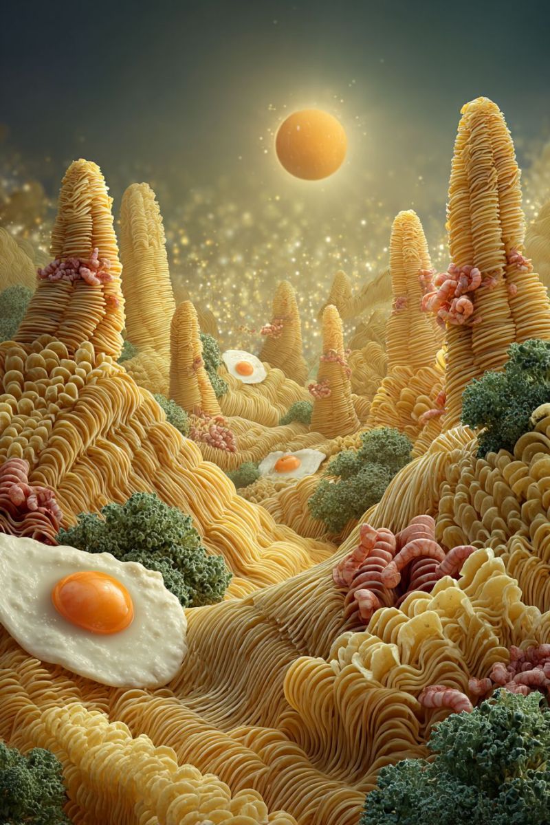 Food mountains egg pasta broccoli sun sky nature colorful texture design fantasy In a surreal landscape, various pasta shapes form undulating hills and mountains. The pasta is in different colors, including yellow, pink, and green. Some pasta has fried eggs on top, while others have shrimp. The sky is a deep blue with a large, glowing orange sun. The sun's rays cast a warm light over the scene, creating a magical atmosphere.