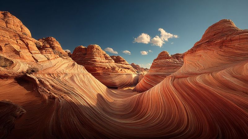 Desert geologie vague gres erosion naturel air falaise montagne ciel nuage soleil texture beaute nature decor roche formation L'image présente un vaste paysage désertique avec des formations rocheuses ondulantes et spectaculaires. Les roches sont principalement orange et rouges, avec des motifs ondulés complexes qui créent un effet fascinant, presque surréaliste. Le terrain est accidenté, avec des crêtes nettes et des vallées profondes. Le ciel au-dessus est d'un bleu brillant, avec quelques nuages blancs éparpillés ajoutant une touche de douceur. Le soleil est bas dans le ciel, projetant de longues ombres qui accentuent les textures et les contours des roches. La scène globale est sereine et majestueuse, mettant en valeur la puissance de l'érosion naturelle et la beauté de l'environnement désertique.