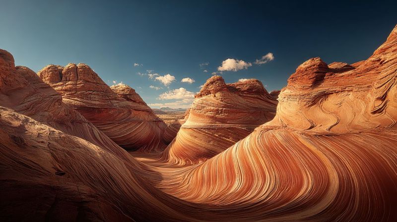 Desert sandstone erosion outdoors geology rock cliff mountain sky cloud sunlight shadow colorful texture pattern scenery formation wave geological nat The image showcases a desert landscape with a series of undulating, wave-like rock formations that stretch across the scene. These formations are primarily composed of reddish-brown sandstone, with layers that appear to have been sculpted by wind and water over time. The sky above is a deep blue, with a few scattered clouds adding texture to the otherwise clear expanse. The sun is positioned high in the sky, casting sharp shadows that accentuate the contours of the rocks. The overall scene is serene and vast, with the natural patterns of the rocks creating a mesmerizing, almost rhythmic quality to the landscape.