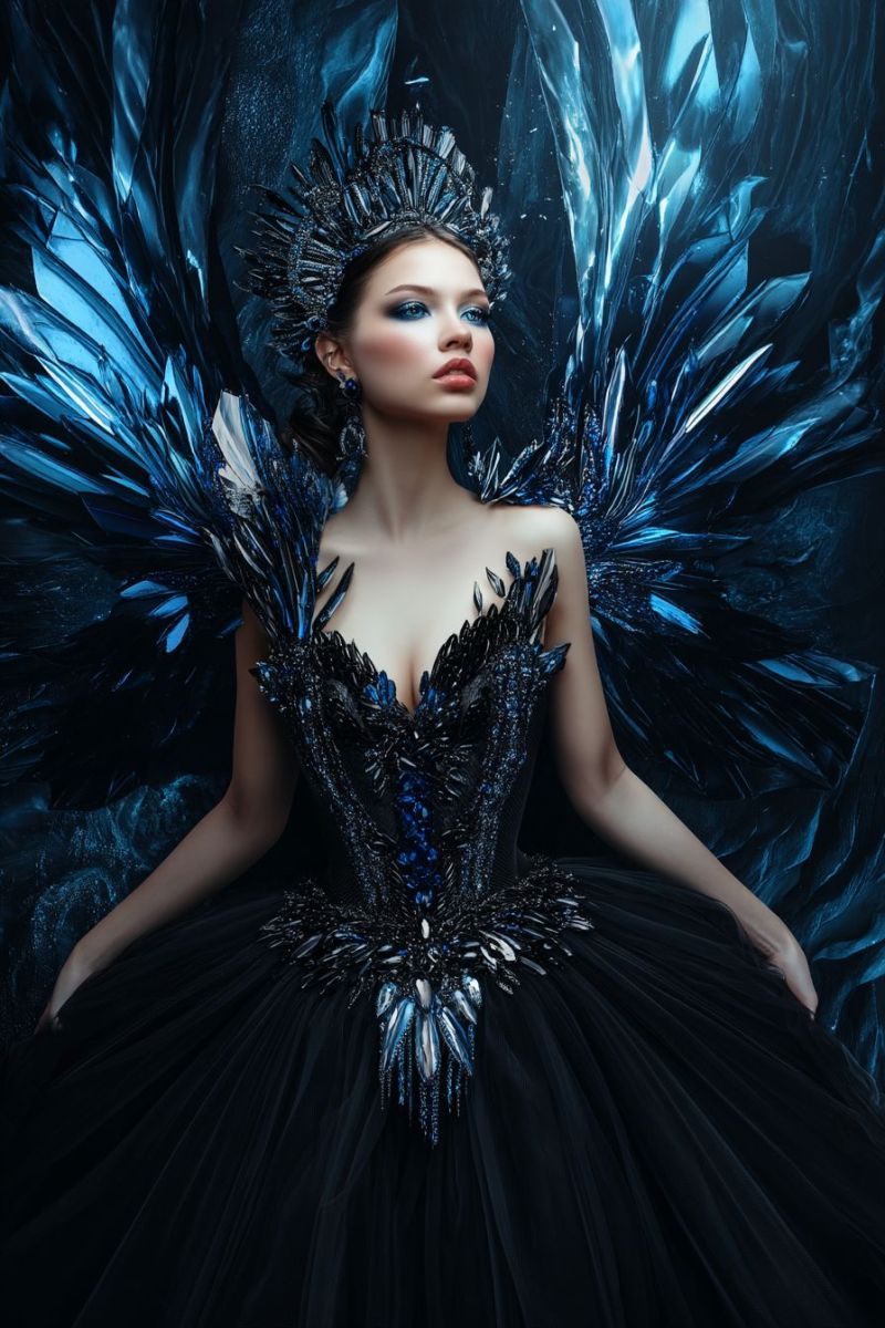 Woman dress fashion beauty elegant gorgeous jewelry accessories hairstyle makeup attire costume fantasy wings crown jewel A woman stands against a dark blue background adorned with intricate, icy blue feather-like patterns. She wears a striking black gown with a fitted bodice and a full skirt, embellished with sparkling blue crystals. Her hair cascades down her back, and she wears a matching headdress with a high, pointed crown. Her makeup includes dramatic blue eyeshadow and red lips, and she has a serious expression. Her arms are extended outward, with her hands resting on her hips, and her wings, made of the same icy blue feathers, spread behind her.