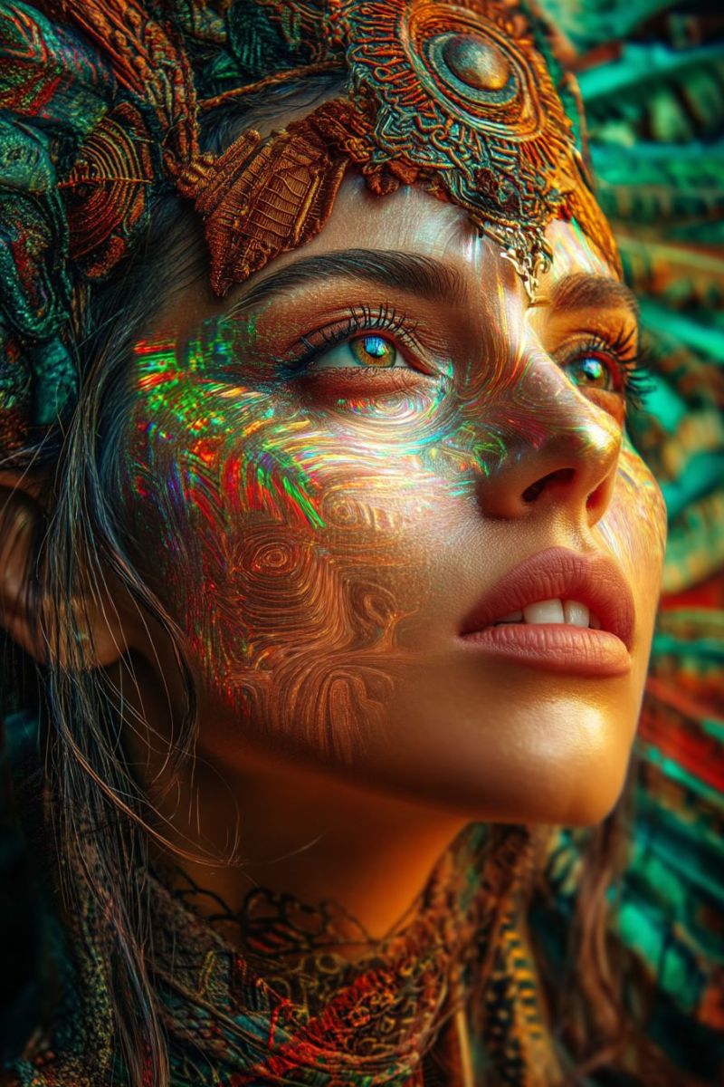 Woman beauty fashion makeup hair eye eyebrow lip neck necklace jewelry accessory headband headpiece feather pattern design A woman with long, wavy hair is adorned with intricate face paint in vibrant colors, including red, green, and gold. Her face paint features swirling patterns that resemble a peacock's feathers. She wears a headdress with a large, ornate, circular piece at the front, possibly made of metal, adorned with intricate designs. Her eyes are heavily lined with makeup, and she has a serious expression. The background is blurred, suggesting a focus on the woman and her elaborate makeup.