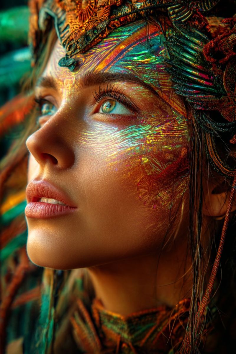 Woman beauty makeup feathers headdress jewelry necklace earrings hair hairstyle paint accessories ornaments decorations A woman with striking blue eyes and a face adorned with vibrant, iridescent makeup that shifts from green to purple and gold. Her face is painted with intricate patterns that resemble feathers or scales, adding a mystical and artistic touch. Her hair is styled with colorful, feather-like accessories that blend into the makeup, creating a cohesive and fantastical look. She wears a necklace with a pendant that matches the colors of her makeup, and her lips are painted in a soft pink shade. The background is blurred, focusing attention on her face and the detailed makeup.