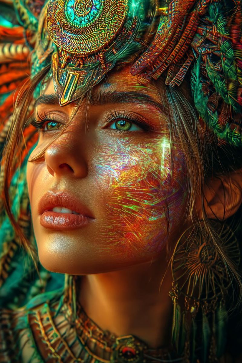 Woman beauty fashion makeup jewelry accessories hair hairstyle headpiece feathers feather headdress feathered spiral design golden pendant A woman with long, wavy hair is wearing a vibrant, intricate headdress adorned with feathers and metallic designs. Her face is painted with a mix of orange, green, and purple colors, creating a shimmering effect. She has striking green eyes and full lips. Her skin is adorned with intricate patterns, and she wears a necklace with a large, ornate pendant. The background is blurred, focusing attention on her face and headdress.