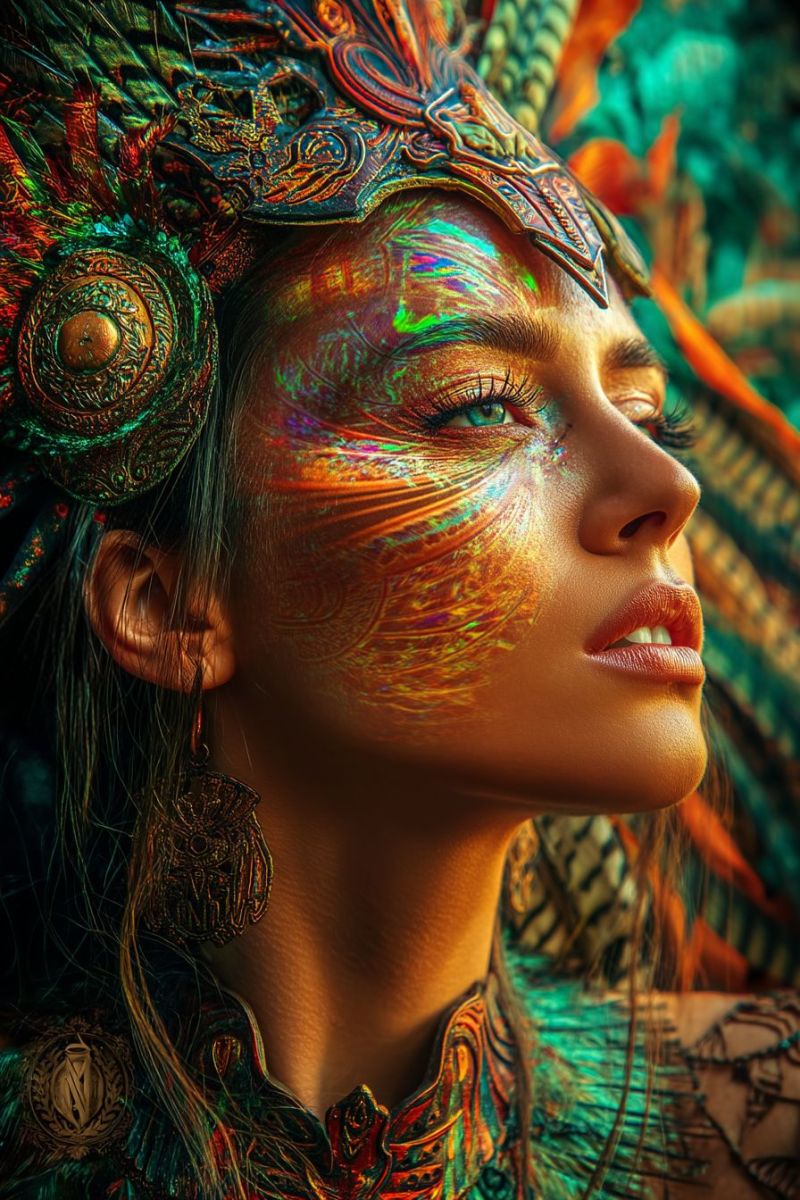 Woman beauty fashion makeup hair jewelry accessories costume headdress feathers pattern design colorful ethnic tribal culture A woman with long, wavy hair is wearing a vibrant, intricate headdress adorned with feathers and metallic designs. Her face is painted with a colorful, iridescent pattern that covers her cheeks and forehead, featuring shades of green, orange, and pink. She has striking green eyes and long, dark eyelashes. Her lips are painted in a matching vibrant color, and she wears large, ornate earrings. The background is a mix of green and orange hues, adding to the vivid and fantastical atmosphere of the image.