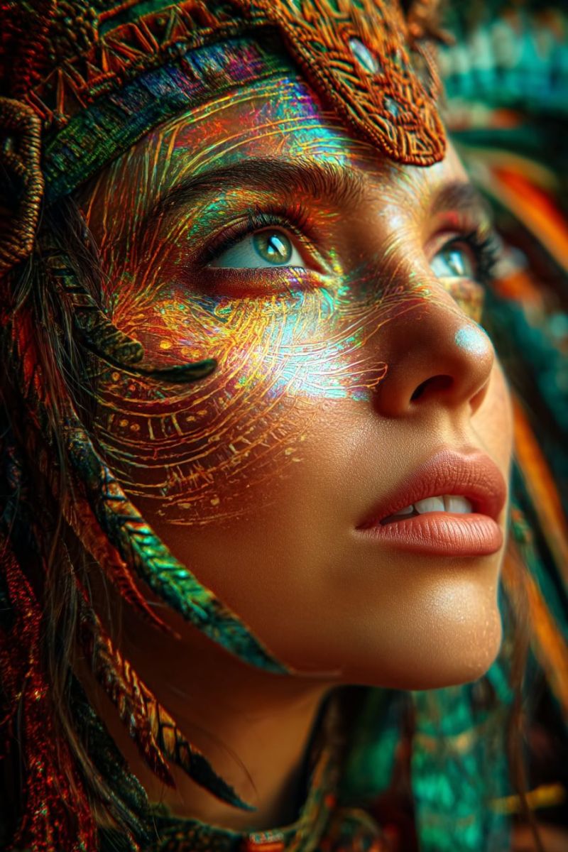 Woman beauty makeup fashion colorful feathers feather eye eyes hair hairstyle headband headpiece jewelry accessory A woman's face is adorned with vibrant, iridescent makeup that shimmers with colors like gold, green, and blue. Her eyes are highlighted with a striking blue iris and long, dark lashes. Her lips are painted in a soft pink shade. Her hair is styled with colorful feathers that cascade down her back, adding to the overall exotic and mystical appearance. The background is blurred, focusing attention on her face and the intricate details of her makeup and feathers.