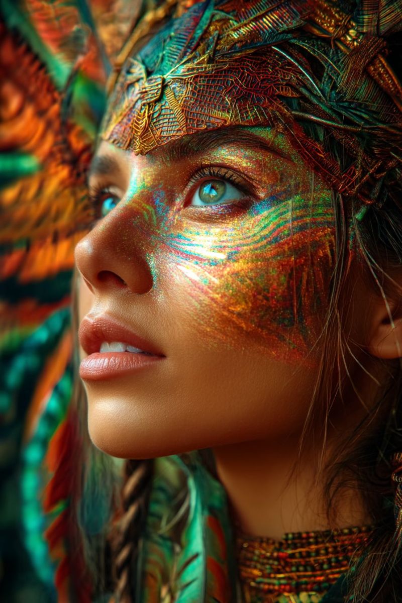 Woman beauty colorful feathers hair head jewelry makeup mask neck necklace pattern profile skin texture tribal A woman with striking blue eyes is adorned with vibrant, iridescent face paint in shades of green, red, and gold. Her face paint features intricate patterns that resemble feathers or leaves. She wears a headdress made of feathers and metallic elements, adding to her mystical appearance. Her hair is styled with braids and feathers, complementing her elaborate makeup. The background is blurred, focusing attention on her face and accessories.