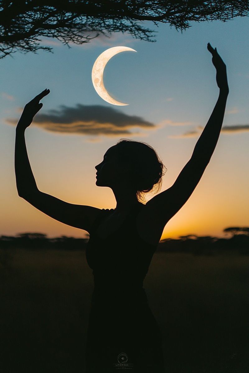 Ciel sous lune femme dansant derriere lunaire africain coucher soleil bras ecartes feminine contre nocturne soiree calme paisibl L'image présente une œuvre d'art de verre coloré présentant le corps supérieur d'une femme avec les yeux fermés, la tête légèrement tournée vers un côté. Ses cheveux sont dressés dans des ondulations larges et elle semble avoir des traits faciaux délicats. Elle porte ce qui semble être un vêtement ou une bijou qui ressemble aux pétales de fleur. L'expression de la femme transmet un sentiment d'équilibre ou de contemplation. Le fond est sombre avec des nuances de couleur, qui sont probablement les couleurs des panneaux de verre coloré eux-mêmes. On peut voir plusieurs nuances de vert et de bleu autour d'elle, ce qui donne profondeur à l'œuvre d'art. L'esthétique de l'œuvre d'art a une qualité fantastique ou éthérée, ce qui pourrait être destiné à évoquer des sentiments de calme ou de mysticisme. La pose de la femme et les couleurs entourantes pourraient suggérer un lien avec la nature ou un domaine au-delà de la réalité. Il n'y a aucune texte visible dans cette image, car le focus est sur l'œuvre d'art en verre coloré elle-même.