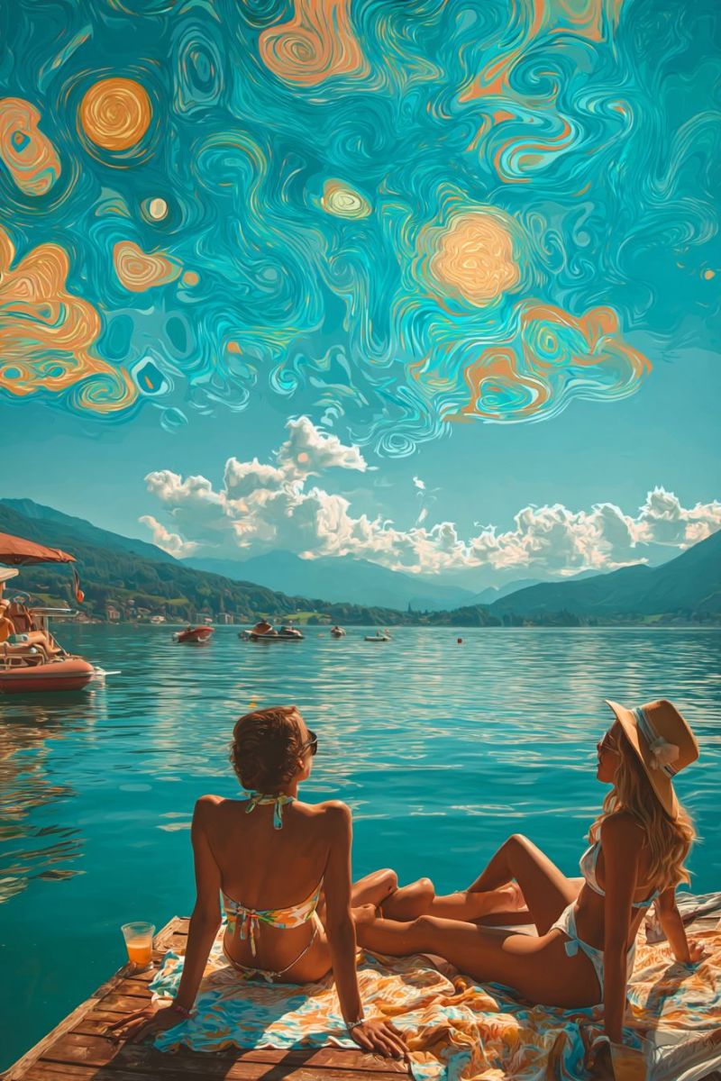 Lac bateau montagne ciel nuage eau soleil reflet rayon eclaircie eruption solaire Deux femmes sont assises sur un quai en bois au bord d'un lac, portant des bikinis et des chapeaux. Une femme a un verre de boisson et l'autre a une boisson dans un gobelet. Le lac est calme, et il y a des bateaux et un auvent au loin. Le ciel est peint de couleurs bleues et orange tourbillonnantes, ressemblant à une nuit étoilée. Des montagnes sont visibles en arrière-plan, et la scène a une qualité onirique et surréaliste.