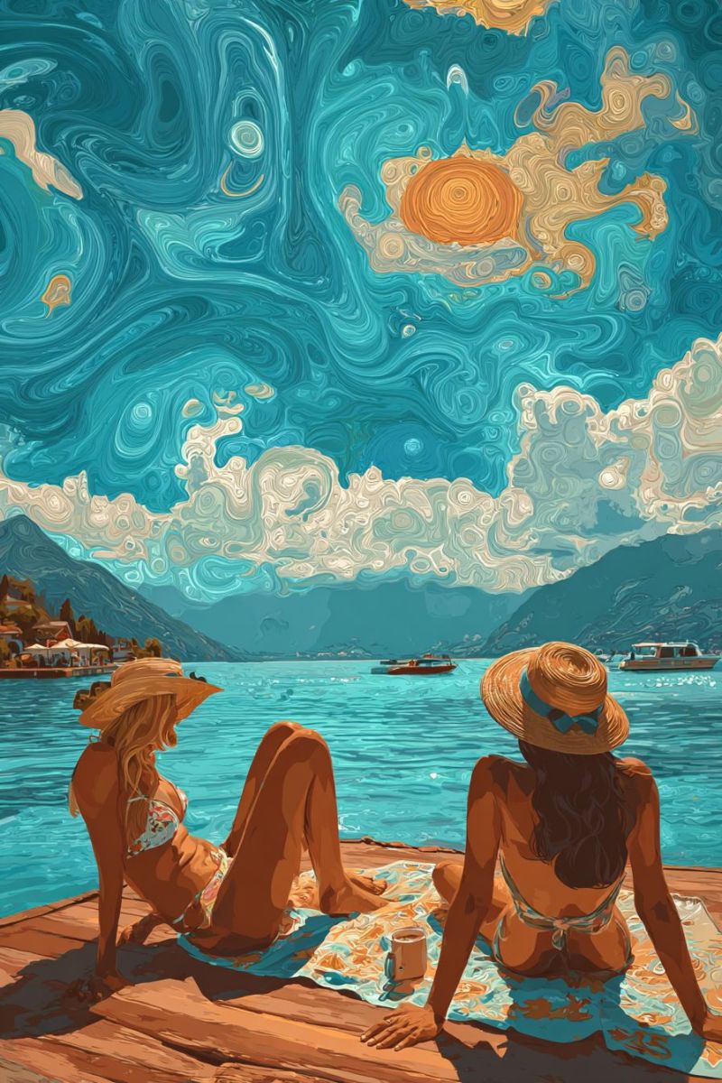 Lac bateau montagne ciel eau soleil reflexion lever coucher nature air mer horizon nuages journee soiree Deux femmes sont assises sur un quai en bois au bord d'un lac, portant des chapeaux à larges bords et des bikinis. Une femme tient une tasse, et l'autre la regarde. Le lac est calme, avec un bateau au loin. Le ciel est peint de bleus et de jaunes tourbillonnants, ressemblant à une galaxie. Des montagnes et une petite ville sont visibles en arrière-plan.