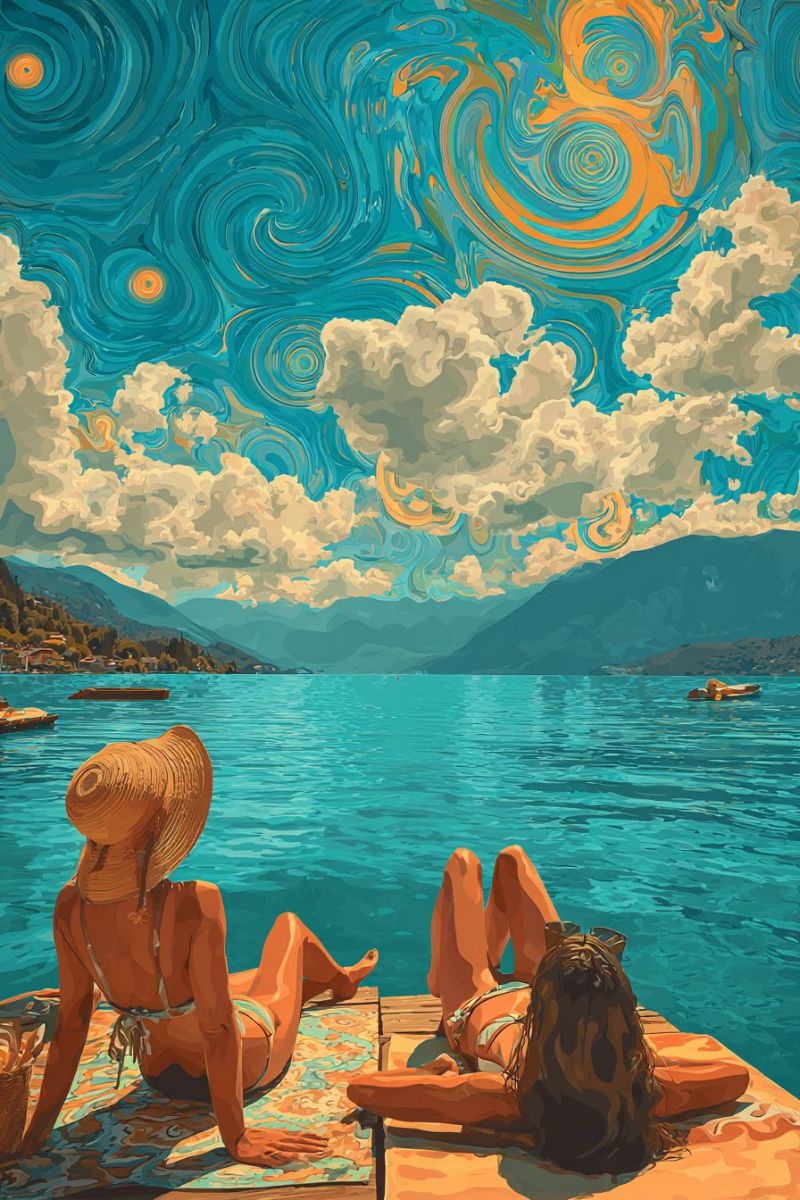 Lac montagne ciel nuage eau bateau fille soleil lever coucher rayon eclaircie eclat tournesols champ graines Deux femmes se détendent sur une jetée en bois au bord d'un lac. Une femme est assise les jambes croisées, portant un chapeau à larges bords et un bikini. L'autre femme est allongée sur le ventre, portant un bikini et des lunettes de soleil. Elles regardent toutes les deux le ciel, peint de motifs tourbillonnants bleus et jaunes. Au loin, un petit bateau flotte sur le lac, et des montagnes sont visibles à l'arrière-plan.