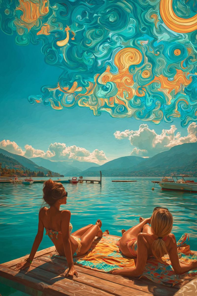 Painting lake water boat sky mountain cloud sun sunlight reflection sunrise sunset nature sea ocean beach waves horizon Two women are lounging on a wooden dock over a serene lake. One woman is sitting cross-legged, wearing a bikini and sunglasses, while the other is lying on her side, also in a bikini, with her head resting on a colorful blanket. The sky above is a vibrant mix of blue, yellow, and orange swirls, creating a dreamy, abstract effect. In the background, there are mountains and a clear blue sky with scattered clouds. Boats are docked at the far end of the lake, and the water is calm and reflective.