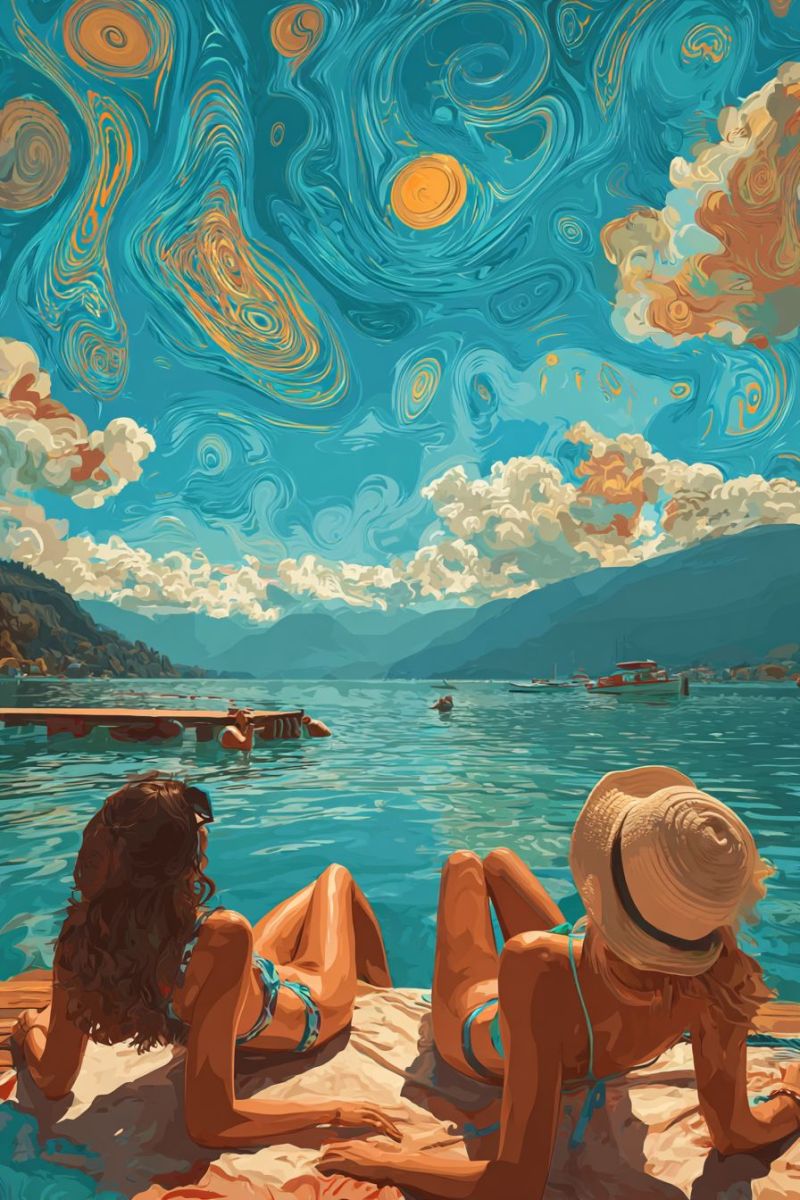 Lac montagne bateau ciel eau nuage soleil fille chapeau bain plage nature air relaxation Deux femmes sont allongées sur une couverture sur un quai en bois au bord d'un lac. L'une des femmes porte un chapeau et l'autre porte un bikini. Le ciel au-dessus d'elles est peint de couleurs bleues et orange tourbillonnantes, ressemblant à une nuit étoilée. Au loin, il y a des montagnes et des bateaux sur le lac. L'eau est calme et reflète le ciel.