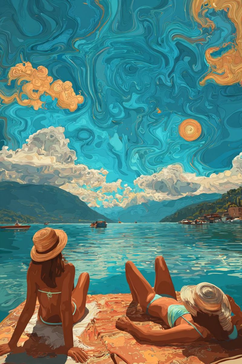 Painting lake mountain boat water sky cloud sun sunlight reflection sea seascape clouds sunny daytime outdoors nature Two women are relaxing on a wooden dock by a lake. One woman is sitting with her back to the viewer, wearing a hat and a bikini. The other woman is lying on her stomach, also wearing a hat and a bikini. They are both looking out at the calm water. The sky is painted in swirling blues and yellows, with a large sun in the distance. In the background, there are mountains and a small boat on the lake.