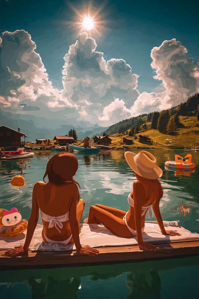 Lac eau soleil nuages montagnes maisons bateaux plage arbres ciel reflet air nature vacances relaxation Deux femmes sont assises sur un radeau en bois dans un lac, portant toutes deux des bikinis blancs. Une femme porte un chapeau et regarde l'autre femme. Le lac est entouré de montagnes et de maisons, avec des bateaux et des jouets gonflables flottant dans l'eau. Le ciel est bleu avec des nuages, et le soleil brille intensément.