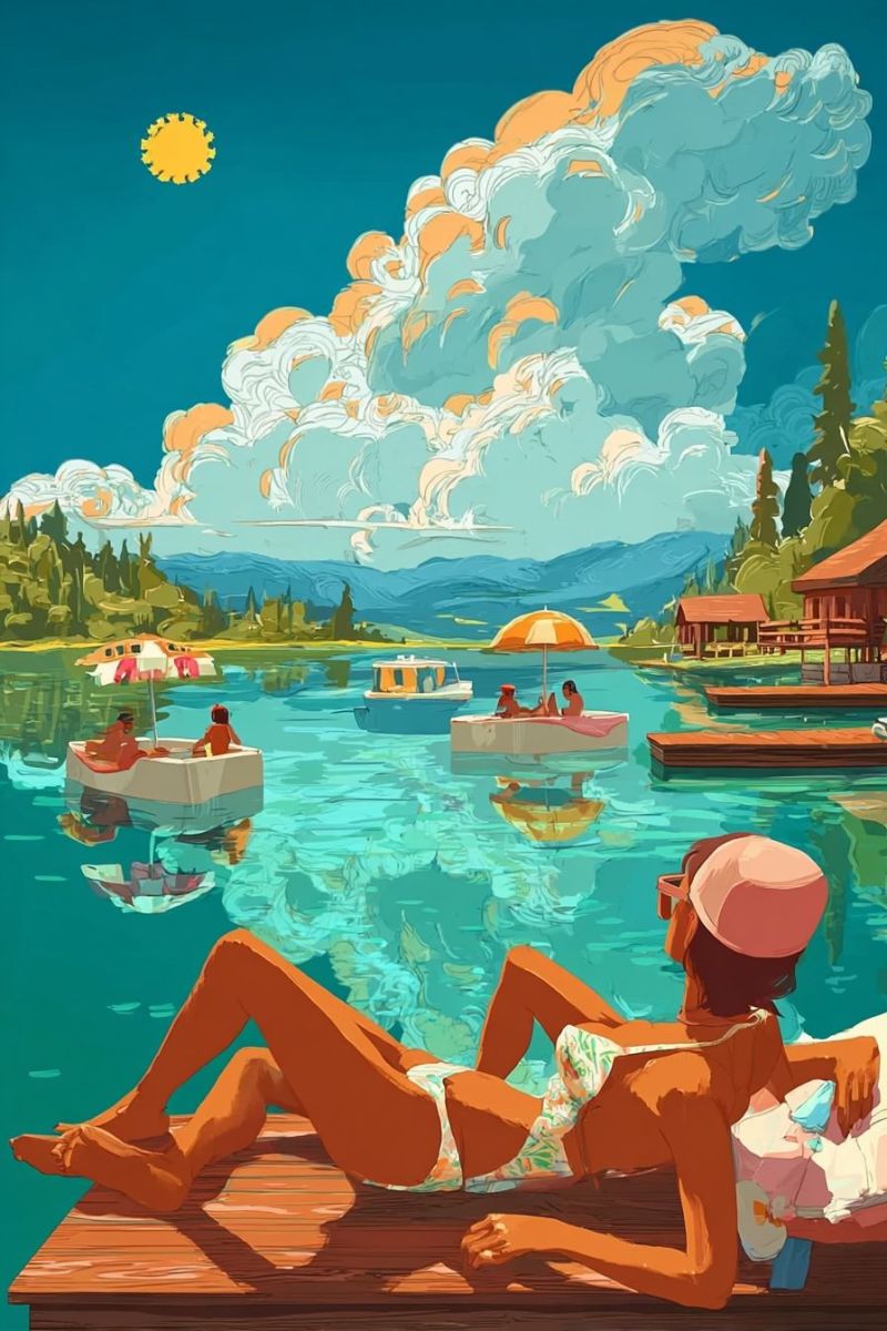 Lake boat umbrella sun cloud water sky mountain house tree people sunbathing hat swimsuit wood reflection painting An illustration of a serene lakeside scene with a woman lying on a wooden dock. She wears a floral swimsuit and a pink hat, holding a bottle. In the water, there are boats with people under umbrellas. The lake is calm, reflecting the sky and clouds. In the background, there are trees, mountains, and a house. The sun is shining brightly in the sky.