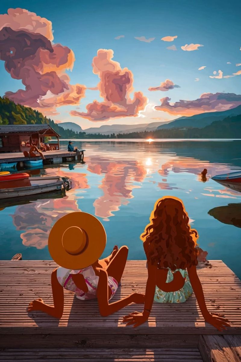 Lac eau ciel nuages montagnes bateau quai gens soleil coucher reflet nature soiree air vacances detente tranquillite beaute Deux femmes sont assises sur un quai en bois au bord d'un lac, face au coucher du soleil. Une femme porte un chapeau à larges bords et un maillot de bain fleuri, tandis que l'autre a les cheveux bouclés et porte un maillot de bain vert. Le lac est calme, avec des reflets du ciel et des nuages. Au fond, il y a une petite maison en bois avec une personne assise sur le porche. Les montagnes sont visibles au loin, et le ciel est peint avec les couleurs chaudes du soleil couchant.