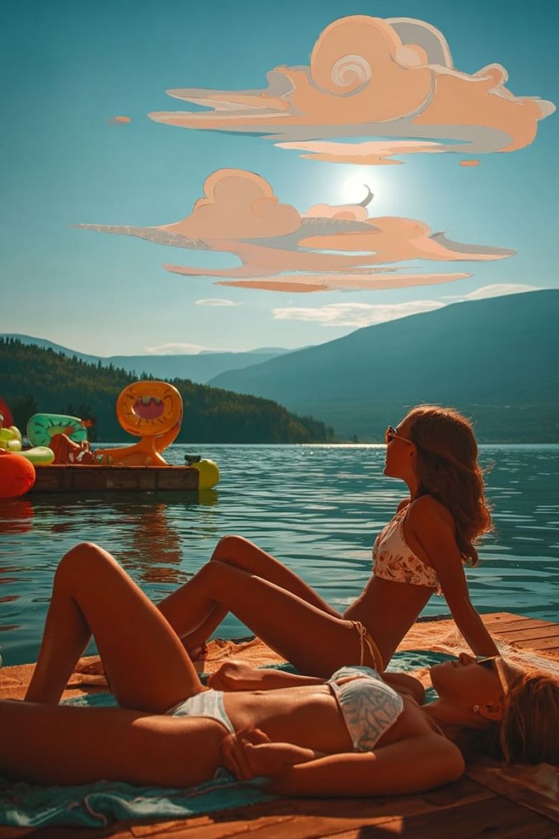 Lac montagne nuage ciel eau soleil reflexion bateau flotteur femme bikini lunettes allongee relaxant nature Deux femmes sont allongées sur un quai en bois au bord d'un lac, toutes deux portant des bikinis. Une femme est allongée sur le ventre, tandis que l'autre est assise et regarde le ciel. Derrière elles, il y a un grand flotteur gonflable avec un visage dessus, flottant sur l'eau. Au loin, il y a des montagnes et un soleil brillant dans le ciel. Le ciel est bleu avec quelques nuages.