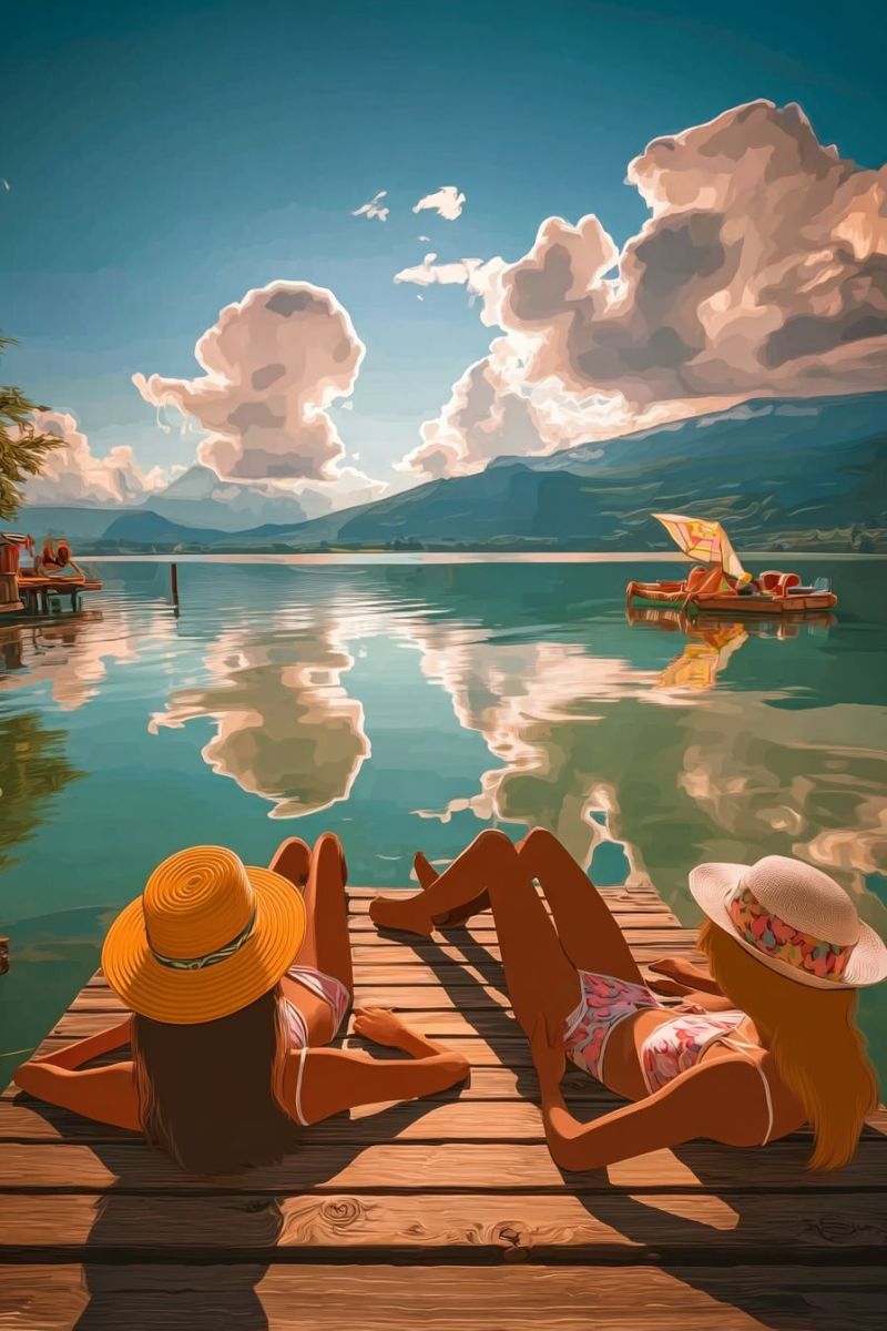 Lake boat mountain sky cloud water reflection umbrella sun sunbathing hat sunglasses beach summer vacation relaxation leisure outdoors nature Two women are lying on a wooden dock by a lake, wearing wide-brimmed hats and floral swimsuits. The lake is calm with reflections of clouds and mountains. In the distance, a boat with an open umbrella is sailing. The sky is blue with fluffy clouds, and there are mountains in the background.