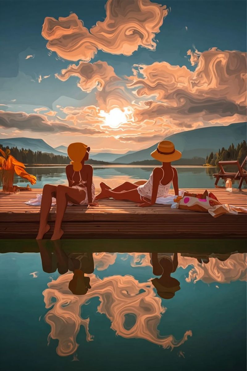 Lake mountain sky cloud water reflection sun sunset nature outdoor evening relaxation leisure vacation travel scenery painting Two women are sitting on a wooden dock by a lake, enjoying the sunset. One woman is sitting cross-legged, and the other is lying down. They are both wearing white swimsuits and hats. The lake is calm, and the sky is filled with warm, orange, and pink hues. In the background, there are mountains and trees. A wooden chair and a bag are on the dock. The reflections of the women and the sky are visible on the water's surface.