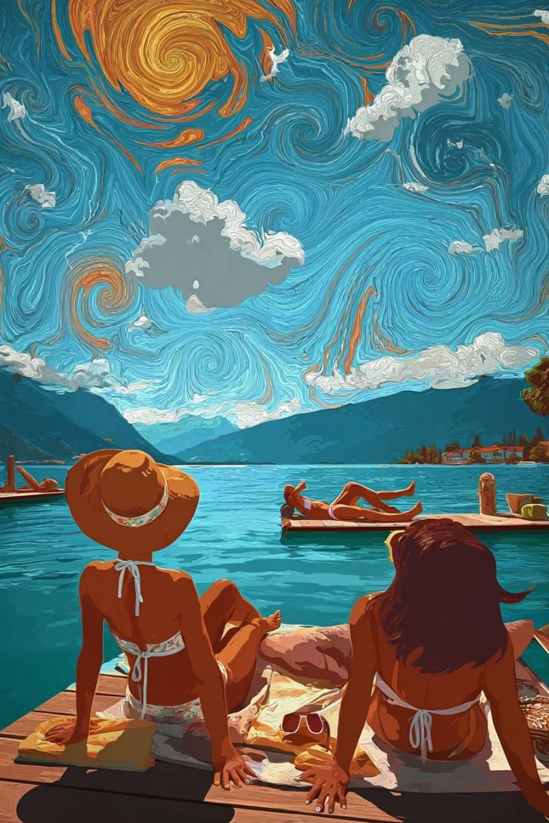 Lac montagne ciel soleil nuages eau bateau gens bain plage chapeau lunettes serviette pique nique impressionnisme nuit etoilee van gogh Deux femmes sont assises sur un quai en bois au bord d'un lac, portant des bikinis et des chapeaux à larges bords. Une femme regarde l'autre, qui regarde l'eau. Une femme est allongée sur un quai dans l'eau, et il y a un petit bateau à proximité. Le ciel est peint en bleus et oranges tourbillonnants, ressemblant à une peinture de style Van Gogh. Au loin, il y a des montagnes et une petite ville.