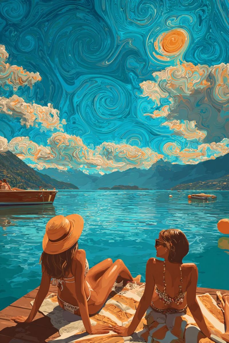 Painting lake mountain sky cloud boat water girl sun sunlight sunrise sunset nature reflection sea ocean beach waves horizon Two women are sitting on a wooden dock by a lake, wearing bikinis and hats. One woman is wearing a necklace and sunglasses, and the other has a bracelet. They are looking at the sunset, which is reflected on the calm water. In the distance, there is a boat with people on it, and mountains are visible under a sky with swirling clouds.