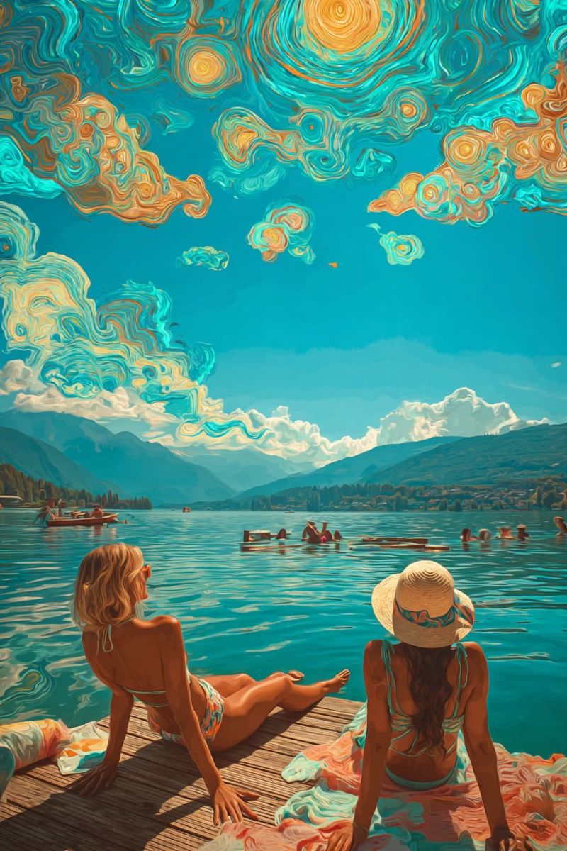 Lac eau ciel nuages montagnes bateau gens soleil reflet nature air vacances relaxation loisirs beaute Deux femmes sont assises sur un quai en bois au bord d'un lac, portant des maillots de bain et des chapeaux. Une femme a le dos tourné et l'autre fait face à l'observateur. Elles sont entourées par un lac serein avec des bateaux et des nageurs. Le ciel au-dessus est peint de motifs abstraits tourbillonnants en bleu, jaune et orange, ressemblant à une nuit étoilée. Au loin, des montagnes et une ville sont visibles.
