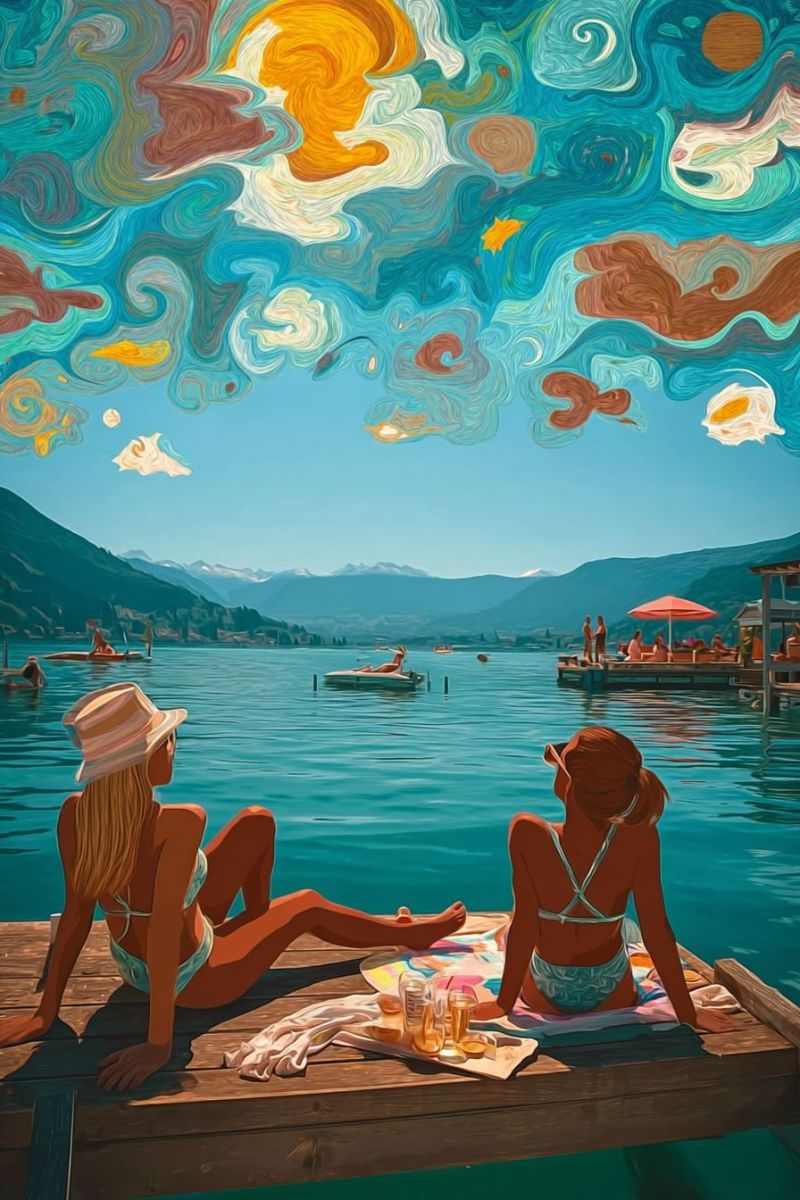 Lac montagne ciel eau bateau parapluie gens plage soleil nuage reflexion lever coucher nature Deux femmes sont assises sur un quai en bois au bord d'un lac, profitant d'une journée ensoleillée. L'une des femmes porte un chapeau et un bikini, tandis que l'autre porte un bikini et un chapeau de soleil. Elles ont un pique-nique étalé devant elles, comprenant une bouteille, des verres et une assiette avec de la nourriture. Le lac est calme, et il y a des montagnes au loin. Le ciel au-dessus est peint dans un style abstrait et vibrant avec des couleurs tourbillonnantes. En arrière-plan, il y a des personnes sur un bateau et un quai avec un parapluie.
