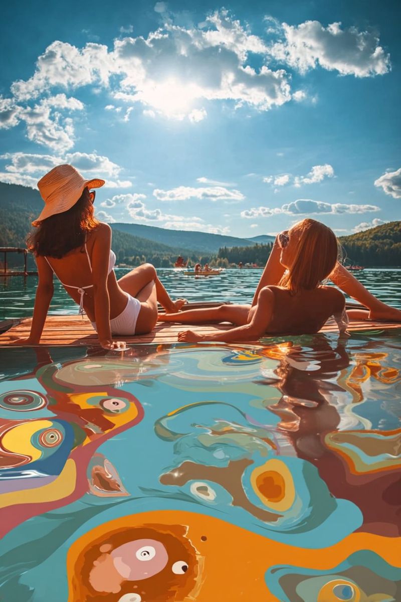 Lake water sun sky clouds mountains people swimming relaxation vacation outdoors nature sunbathing hat bikini sunglasses wooden board reflection Two women are relaxing on a wooden dock in a lake. One woman is wearing a white bikini and a hat, while the other is in a black bikini. They are both looking at something in front of them. The lake is surrounded by mountains, and there are other people swimming in the distance. The water has a colorful abstract design, and the sky is blue with white clouds.