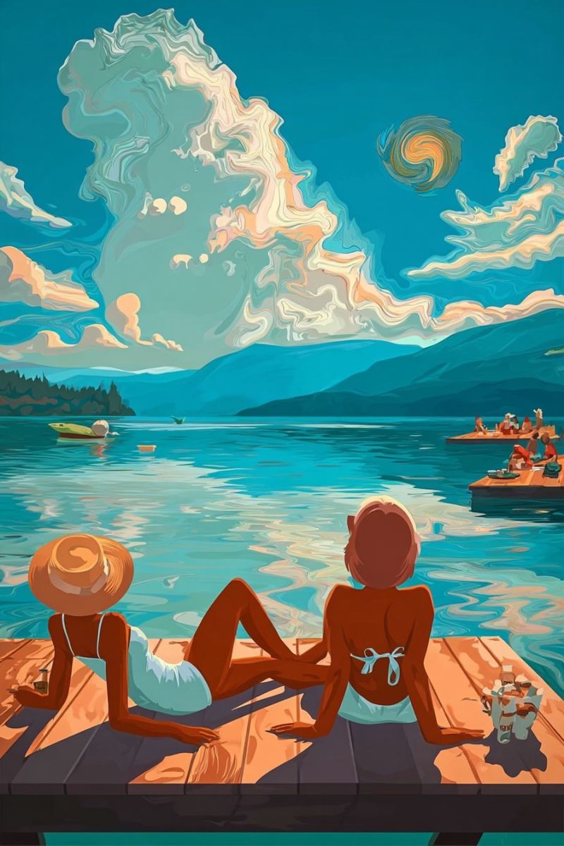 Lake boat mountain sky cloud water people wooden sun sunlight reflection nature painting colorful summer Two women are relaxing on a wooden dock by a lake. One woman is wearing a wide-brimmed hat and a white swimsuit, while the other is in a white bikini with a ribbon on her back. They are both looking towards the water. In the background, there is a serene lake with a boat floating and a group of people on a dock. The sky is painted with soft, swirling clouds, and in the distance, there are mountains and trees.